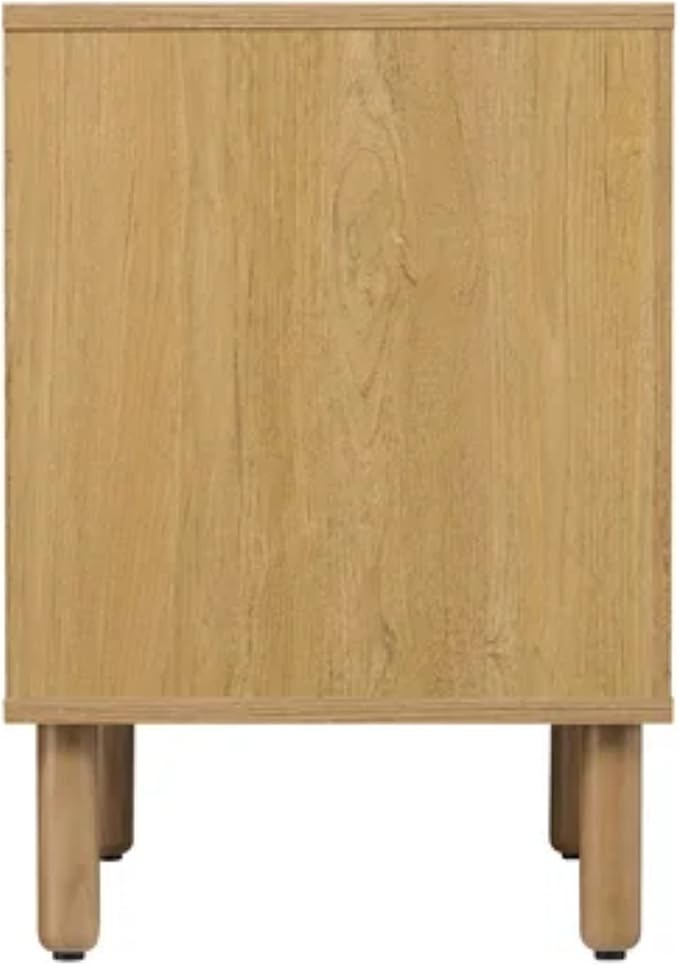 SANGO Orre 2-Drawer Nightstand, Modern Brown Bedside Table with Synthetic Rattan Drawer Panels, Cylindrical Wood Legs, Discreet Finger Pulls, Smart Storage for Living Room or Office Room