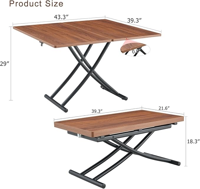 Coffee Table, Rectangle Dining Tables with Adjustable Height, Modern Multifunctional Lift Table with Wooden Surface for Living Room, Apartment, Office, Kitchen or Dining, Black Dark Walnut