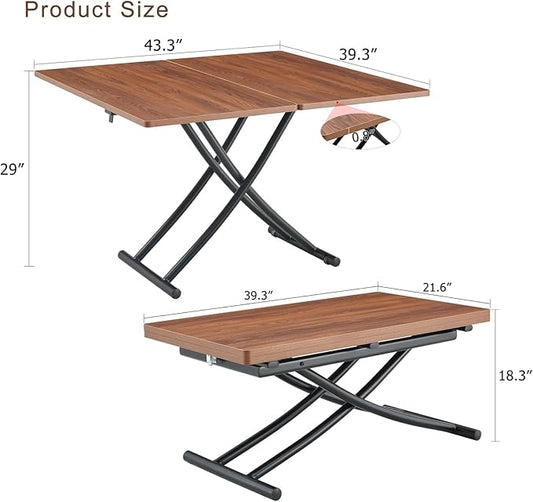 Coffee Table, Rectangle Dining Tables with Adjustable Height, Modern Multifunctional Lift Table with Wooden Surface for Living Room, Apartment, Office, Kitchen or Dining, Black Dark Walnut