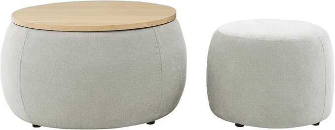 Ball & Cast Round Upholstered Storage-Ottoman Set with Wood Tray, Large Storage Coffee Table w/Footstool & Removable Lid, Dia 25" Padded Bench & End Side-Table for Living Bedroom, Light Grey