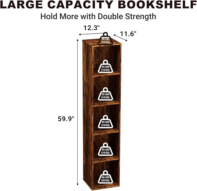 5 Tier Bookshelf, Open Tall Narrow Floor Standing Bookcase, Wooden Book Shelf Display Organizer for Home Office, Study (Retro Brown, 5 Cube)