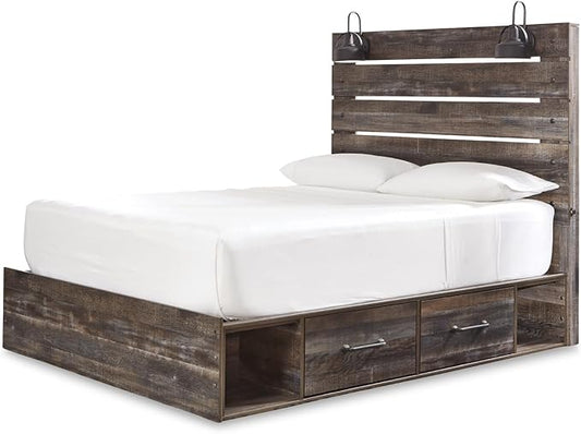 Signature Design by Ashley Drystan Rustic Queen Panel Platform Bed with 4 Storage Drawers, Open Cubbies, Sconce LED Lights and USB Ports, Foundation or Box Spring Not Needed, Dark Brown & Gray