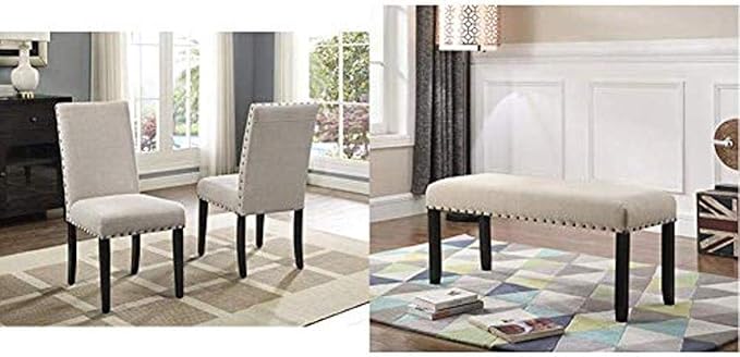 Roundhill Furniture Biony Tan Fabric Dining Chairs with Nailhead Trim, Set of 2, Brown, Tan Biony Fabric Dining Bench with Nailhead Trim, Tan