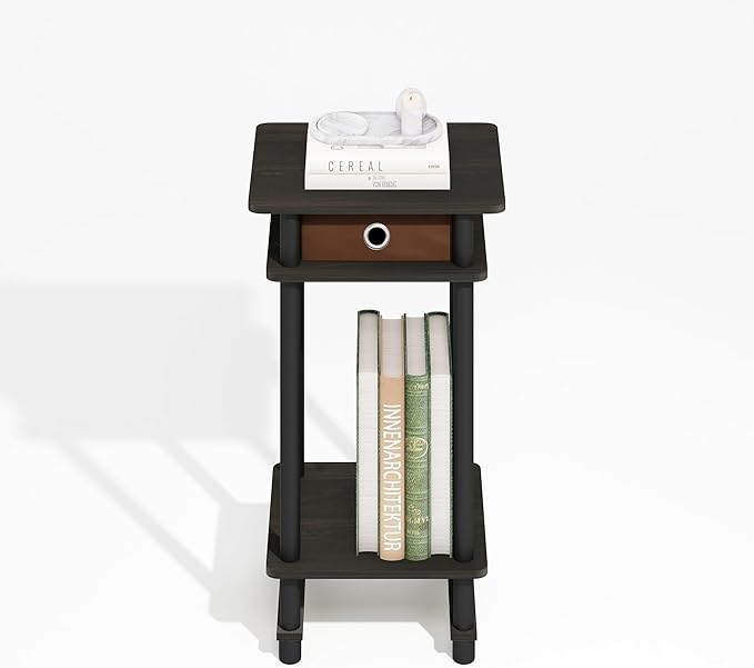 Furinno Turn-N-Tube Side Table, 3-Tier End Table with Storage Bin, Open Shelf Night Stand, Bedside Table, Toolless Assembly, for Living Room, Bedroom, Black Espresso
