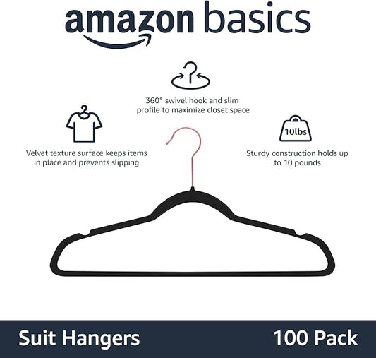 Amazon Basics Slim Velvet Non-Slip Space Saving Suit Clothes Hangers, Closet Organizer, Black/Rose Gold, 100-Pack