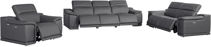 BlackJack Furniture Venice Top Grain Italian Leather 6 Power Recliner Seaters 3 Piece Sofa Set with Adjustable Headrests Modern Seating Sofa, Loveseat and Chair for Living Room Lounge, Dark Grey