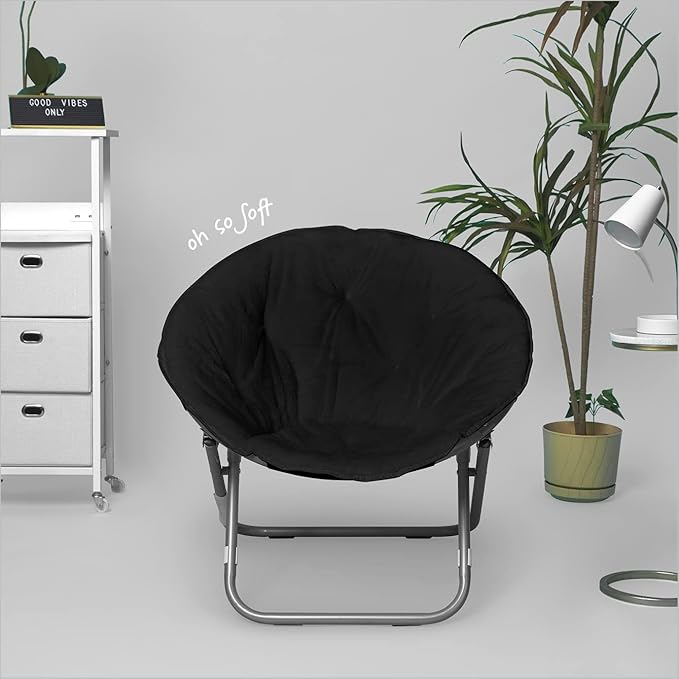 Urban Lifestyle Faux Fur Saucer Chair, Foldable Cozy Accent Chair for Kids, Teens & Adults, Gaming Chair Dorm Chair Bedroom Chair, Metal Frame, Black Faux Fur Seat