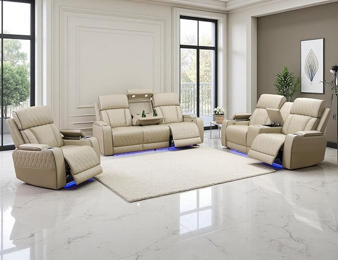 Power Recliner Sofa Set, Living Room Furniture Sets, Leather Reclining Sofa Set, Recliner Couch Loveseat and Chair with Coffee Table/Cup Holders/Charging Port for Home Theater Seat, Khaki