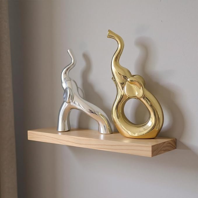 Zerzsy Loving Pair of Small Gold & Silver Elephants Statues, Modern Ceramic Sculptures Home Decor, Figurine Decorative Ornaments for Bedroom, Office Desktop, Shelf-Set of 2