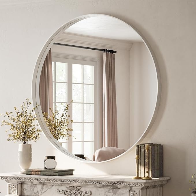 VooBang 48 inch Round Bathroom Mirror, Large Silver Modern Circle Wall Mounted Mirror with Gorgeous Circular Deep Frame for Bathroom, Living Room, Bedroom