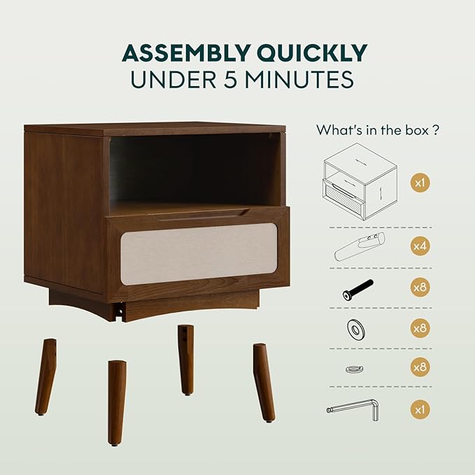 Bme Calista Nightstand 1 Drawer – Solid Wood Chestnut Finish Bedside Table with Open Shelf & Fabric Panel Drawer, Mid-Century Modern Style with Tapered Legs, Easy Assembly