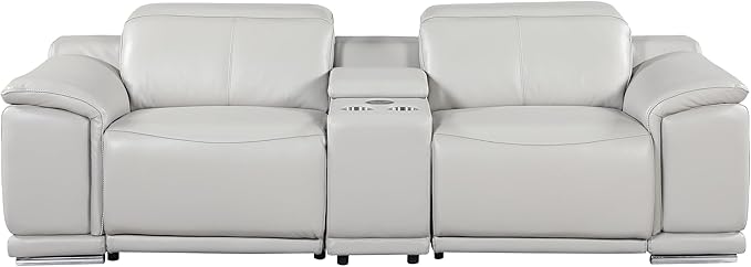 BlackJack Furniture Venice Top Grain Italian Leather Power Recline Loveseat Sofa - 93" Theater Seating Modern Couch for Living Room Apartment Home with Adjustable Headrests & USB Port, Light Grey