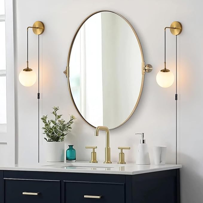 Wall Sconces Set of Two Plug in Wall Sconces Brushed Brass Gold Wall Lamp with Cord Wall Sconce Plug in with Globe White Glass Shade Sconces Set of 2 Wall Light Sconce