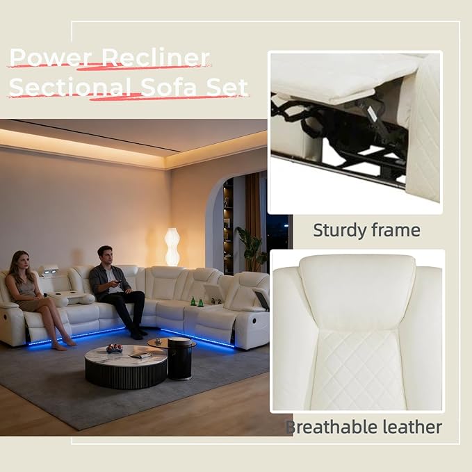 Power Reclining Sectional Sofa with LED, Leather Recliner Couch for Living Room/Home Theater, Sectional Reclining Couches with Wireless Charging/Hide-Away Storage