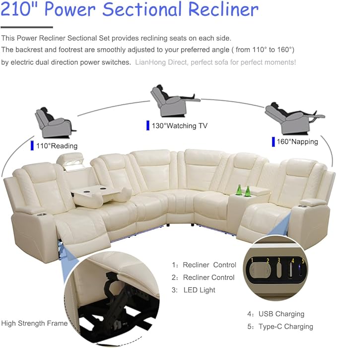 Power Recliner Sectional Sofa with LED, Reclining Sectional Sofa Living Room Furniture Set, Creamy White Couch and 2 Chairs, Reclining Couch Read Lights/Storage/Cup Holder for Office/House