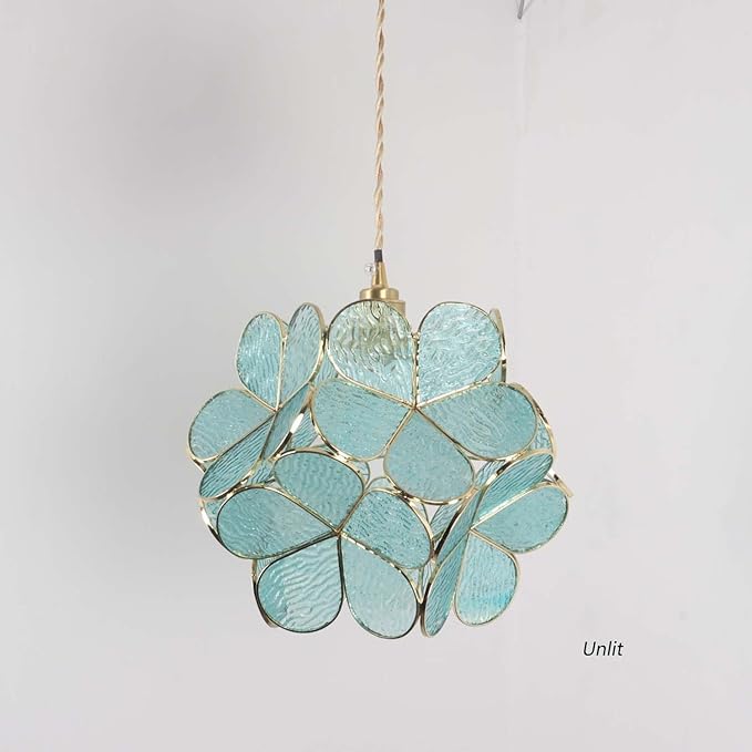 Bieye L10917 Petals Tiffany Style Stained Glass Ceiling Pendant Light for Home Decoration (Textured Aqua Blue, 12" Cherry Blossom)