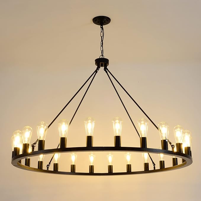 Wagon Wheel Chandelier 24-Light 48-Inch, Black Round Rustic Farmhouse Chandelier Extra Large for High Ceilings, Dining Room, Living Room
