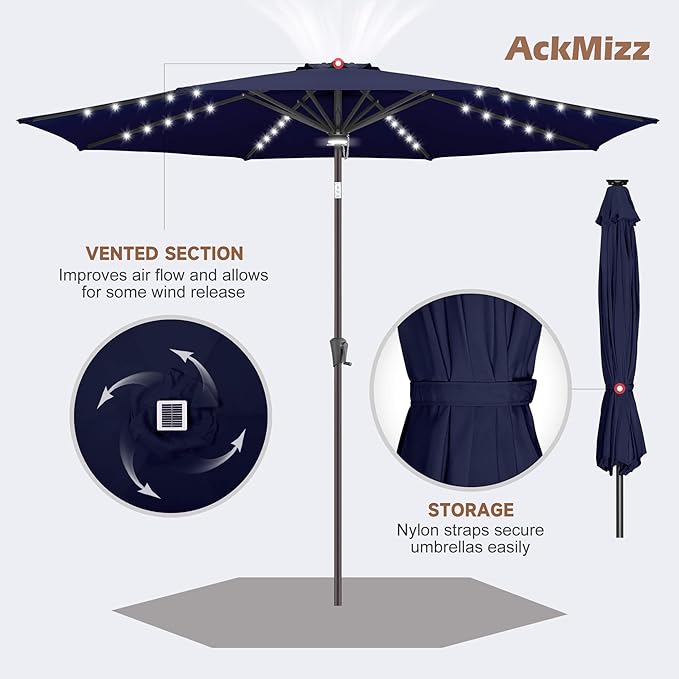 10ft Solar Umbrella Outdoor - Lighted Solar Patio Umbrella with 40 LED Lights Waterprool UV Protection, Table Umbrella with Tilt for Pool, Porch, Garden, Deck, Backyard (Navy Blue)