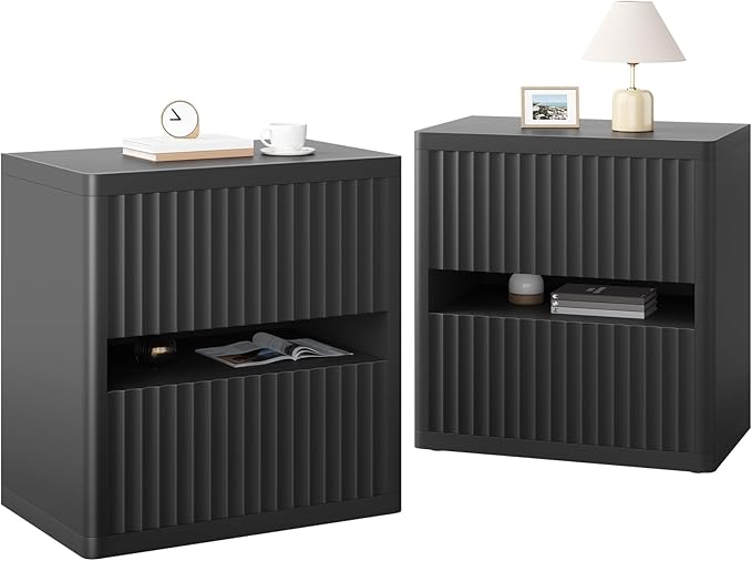 Dripex Fluted Nightstand Set of 2, 22'' Wide Night Stand with 2 Large Drawers, Mid Century Modern Wood Bedside Table with Open Shelf, Large Bed Side End Table for Bedroom, Black
