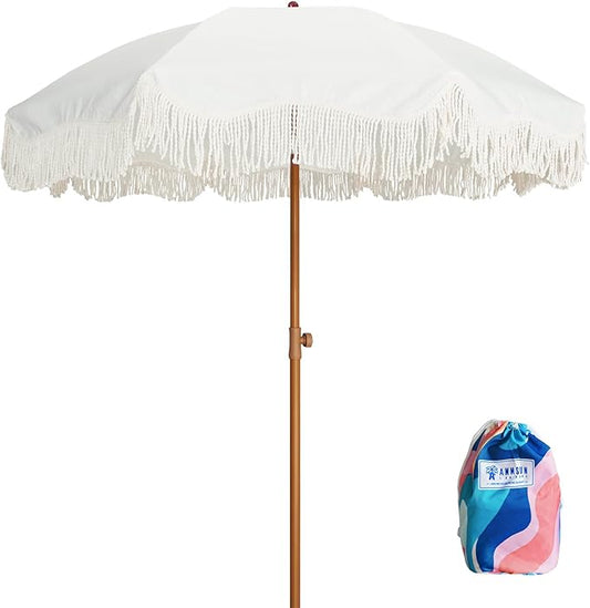 AMMSUN Boho Fringe Umbrella with Beach Blanket, 6.5ft UPF50+ Picnic Umbrella with Tassels with Steel Pole & Push Button Tilt, Antique White