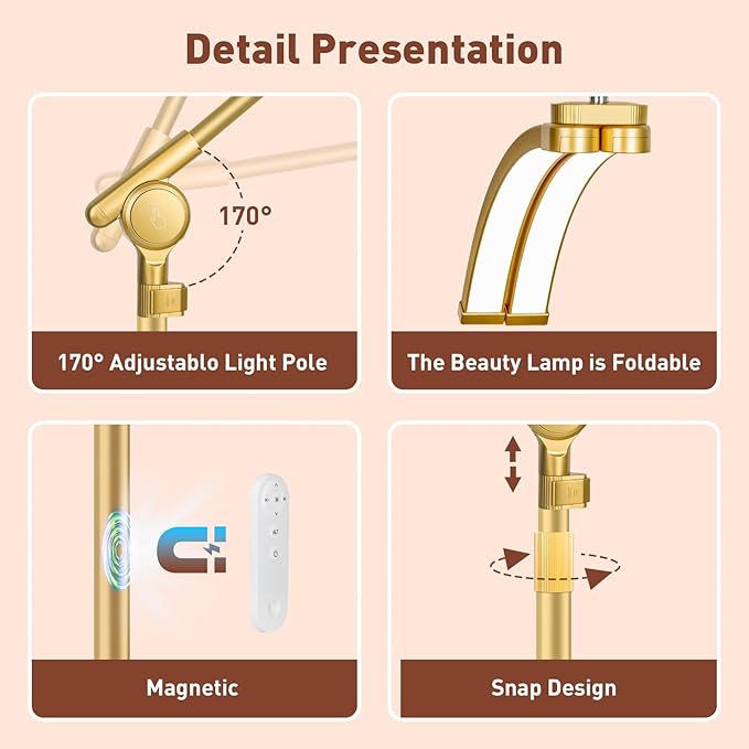 HITTI Half Moon Eyelash Extension Light, 4-Wheel Rolling Base, 3 Color Modes, Adjustable Brightness & Phone Holder 2026 LED Lash Tech Lamp for Beauty, Tattoo Artists, Skincare, SPA, Crafts - Glod