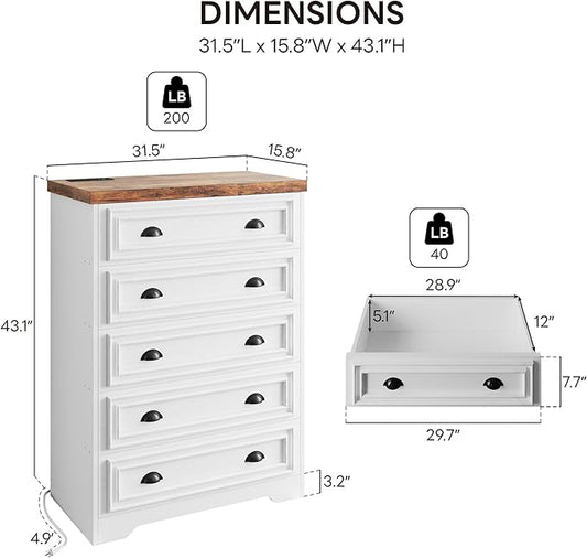 LIKIMIO 5-Drawer 43" Tall Dresser with Built-in Charging Station - Farmhouse Style Bedroom Storage Cabinet, Brown & White