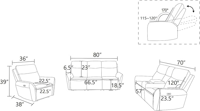 Power Recliner Sofa for Living Room, Air Leather Reclining Sofa 3 Seat with Flip-Down Middle Backrest, LED Lighting, USB Charging Port (Light Grey)