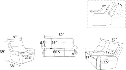 Power Recliner Sofa for Living Room, Air Leather Reclining Sofa 3 Seat with Flip-Down Middle Backrest, LED Lighting, USB Charging Port (Light Grey)