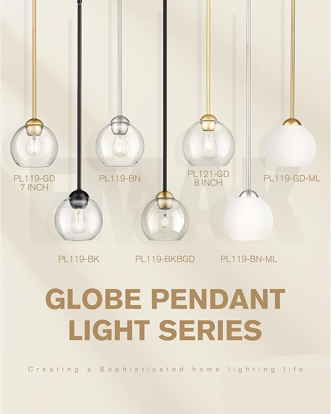 Emak Black and Gold Pendant Light, 7 Inch Globe Glass Pendant Lights Kitchen Island, Modern Hanging Lights for Kitchen, Bathroom, Dining Room, Bar, PL119-BKBGD