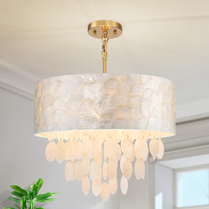 4-Light Drum Capiz Shell Chandeliers, Coastal Style Pendant Light Fixture for Dining Room, Living Room, D18 x 21~68"(Adjustable Height), Shell Lampshade & Gold Finish