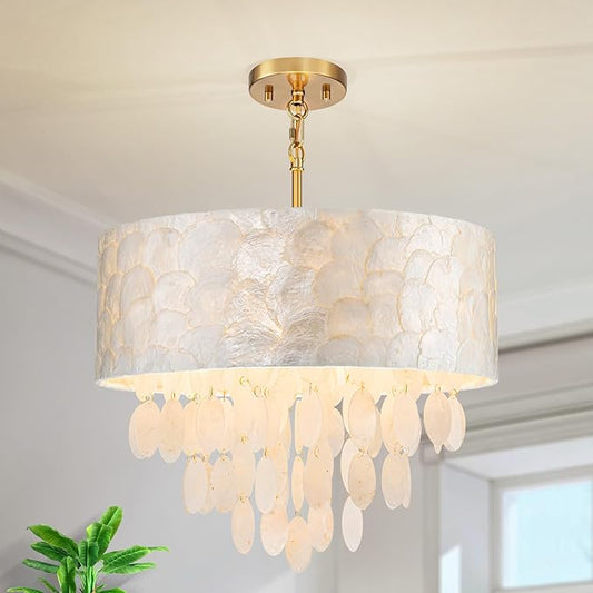 4-Light Drum Capiz Shell Chandeliers, Coastal Style Pendant Light Fixture for Dining Room, Living Room, D18 x 21~68"(Adjustable Height), Shell Lampshade & Gold Finish