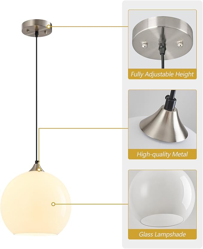 Milky Luster Glass Pendant Lights Kitchen Island Globe Pendant Light Fixtures Modern Pendant Lighting for Bedroom Living Dining Room Light Fixture (9.84 in, 3 Pack)