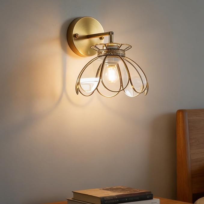 Vintage Brass Ceiling Pendant Light with Stained Lotus Flower Clear Glass Shade, Oriental Hanging Lamp or Wall Sconces Dual-Purpose, for Kitchen Island Dining Room Bedroom Living Room-7.9" Shade