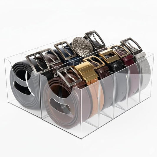 Belt Organizer 2pack,Acrylic Belt storage Organizer for Closet with Removable Dividers - 5 Compartments & Handles Drawer organization and storage for underwear, Socks, and Ties (2)