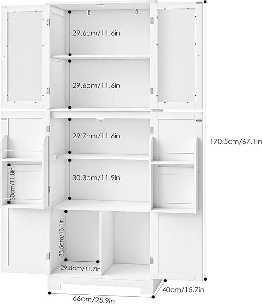 Tall Kitchen Pantry, 67-Inch High Freestanding Tall Cupboard Storage Cabinet with Glass Doors and Shelves, Modern Food Pantry Cabinet Cupboard White for Kitchen, Dining Room, Home bar