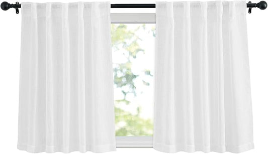 NICETOWN White Faux Linen Kitchen Curtains 36 inches Long, Rod Pockets & Back Tab Semi Sheer Privacy with Light Filtering Short Window Drapes for Cafe/Kids Room, W42 x L36, 2 Panels