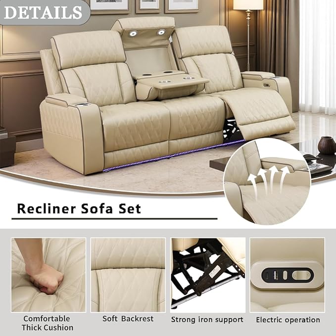 A Ainehome Power Leather Recliner Sofa Set, Recliner Sofa Sectional Couches for Living Room, Reclining Sofa, loveseat, Chair with Storage Console/Cup Holders(Khaki,Sofa)
