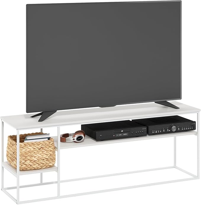 Furinno Moretti TV Stand, 3-Tier Metal Frame Modern Entertainment Center, Open Shelf TV Console for TV up to 60 Inch, for Living Room, Bedroom, Solid White