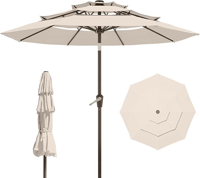 9FT 3 Tiers Patio Umbrella With Auto Tilt And Crank, Outdoor Table Market Umbrella with 8 Sturdy Ribs for Garden, Lawn, Deck, Backyard and Pool