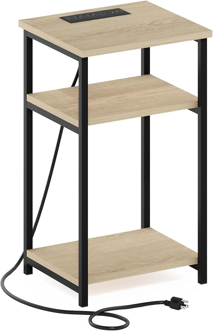 Furinno Moretti Side Table, 3-Tier Modern End Table with Charging Station, Metal Frame Night Stand, Bedside Table with USB and Type-C Charging Port, for Living Room, Bedroom, Bauhaus Oak