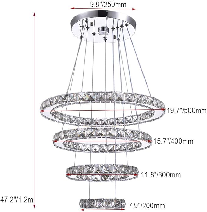 TongLan Modern 4-Ring Crystal LED Chandelier, Adjustable Height 11.8-47.2 in, K9 Crystal & Stainless Steel, 2700-3500K Warm White, Non-Dimmable, for Foyer Staircase Living Room Dining Room