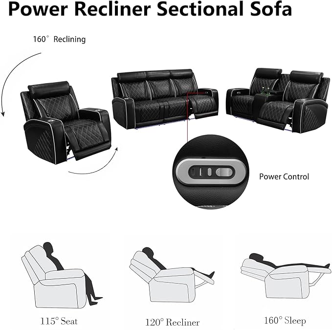 Power Recliner Sofa Set with LED, Breathable Leather Recliner Couch Loveseat Chair Set with USB Port/Cup Holder/Storage, 3 Piece Reclining Living Room Set for Home Theater (Black-3)