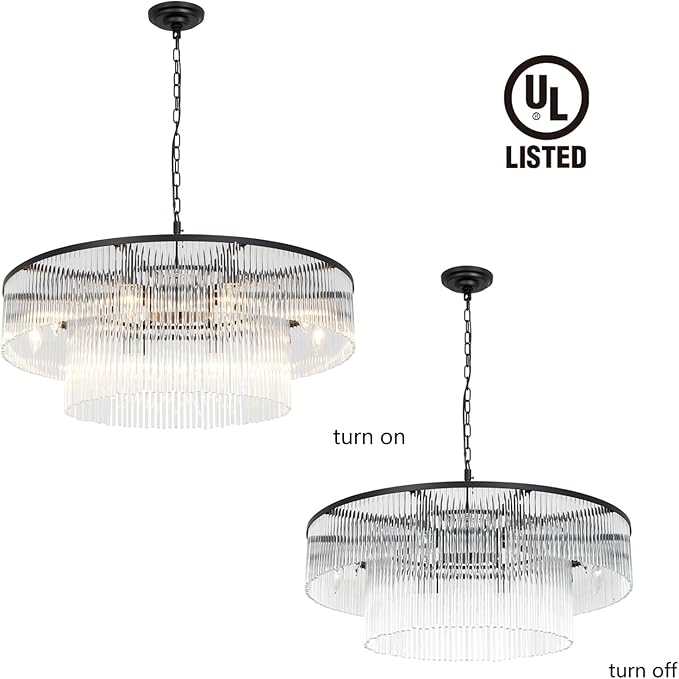 Contemporary Black Chandeliers, 2-Tier Dining Room Glass Chandelier Lighting 10 Lights Round Chandelier for Living Room Foyer Entryway Ceiling Hanging Pendant Light Fixture 32"
