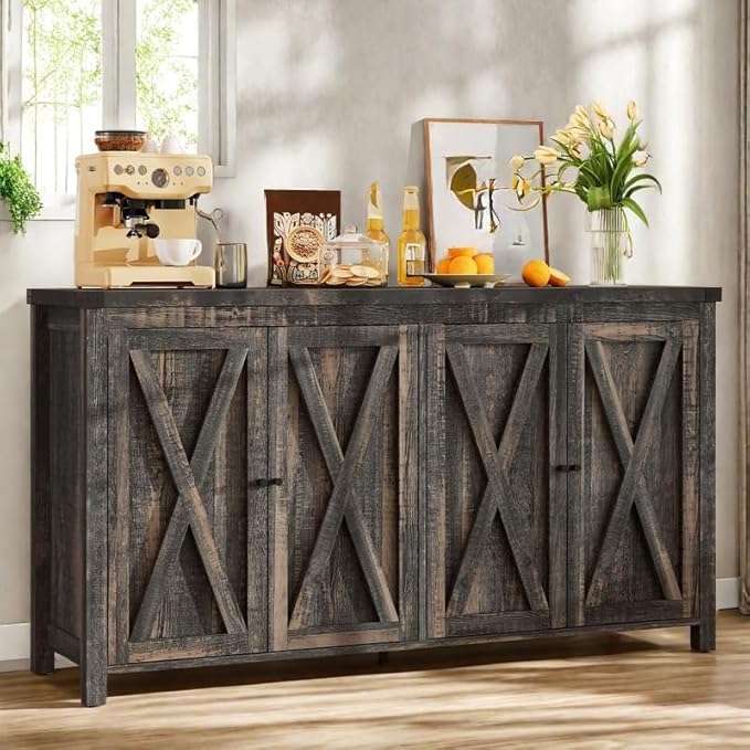 YITAHOME Farmhouse Sideboard Buffet Cabinet with Storage, 55'' Large Kitchen Storage Cabinet, Coffee Bar Cabinets with Adjustable Shelf for Kitchen, Living Room, Dark Oak