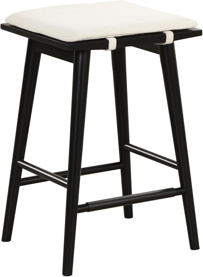 Nathan James Barker Counter Height Solid Wood Barstool with Upholstered Cushion, Backless Island Stool with Rubberwood Legs and Natural Textured Linen Upholstery for Kitchen, Black/White