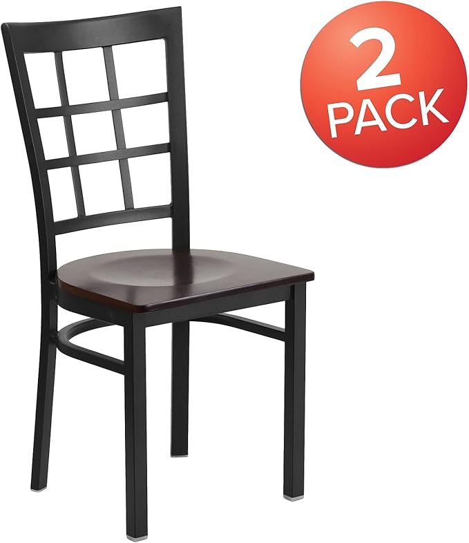 Flash Furniture 2 Pack HERCULES Series Black Window Back Metal Restaurant Chair - Walnut Wood Seat