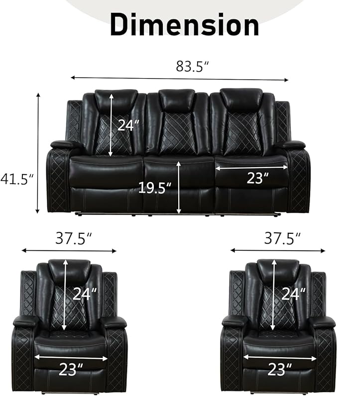 Power Recliner Sofa and 2 Chairs, Air Leather Reclining Set with LED/Cup Holders/Storage, 3 Pieces Reclining Living Room Furniture, Black Leather Couches for House/Apartment/Office