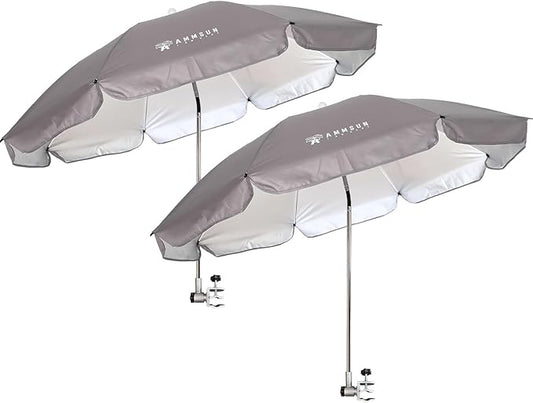 AMMSUN Chair Umbrella with Universal Clamp Adjustable 47 inches and 360° Swivel & UPF 50+ Protection Portable Sun Umbrella, Secure Clip on Camping/Beach Chairs, Stroller, Wheelchair, Golf cart, Lounger, Grey, 2 PACK