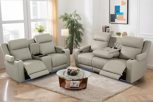 Netpane Breathable Leather Power Recliner Sofa Set with Adjustable Headrest, Power Reclining Sofa and Loveseat Set with LED Light/Wireless Charger/Storage, HomeTheater Seating(Grey)
