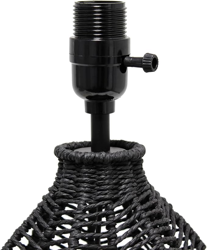 Elegant Designs LT2106-BLK 21" Tall Boho Coastal Inspired Rustic Paper Rope Rattan Wicker Look Standard Table Desk Nightstand Lamp with Light Gray Fabric Linen Shade, Black